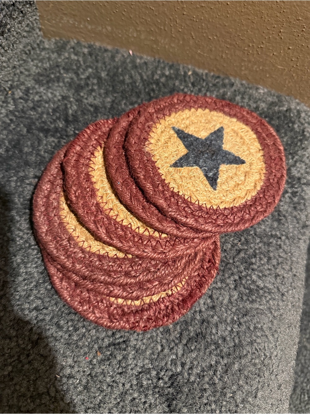 Potomac Jute Coaster Stencil Star Set of 6 Country Americana Burgundy Blue